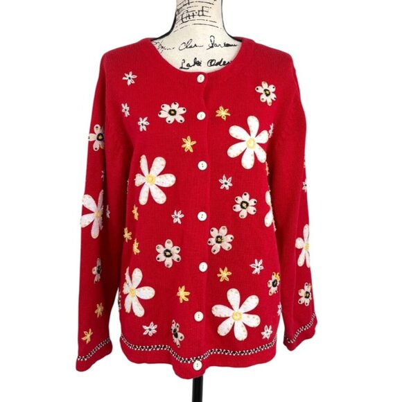 Susan Bristol Sweaters - Susan Bristol Red Cardigan Floral Embroidery Button-Up Ramie Vintage Women XL